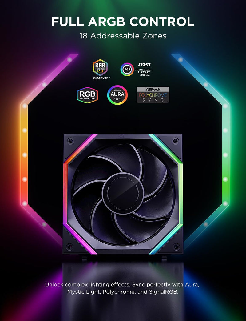 AsiaHorse Nyota Pro 120mm PC Fans ARGB PWM, Modular Daisy-Chain Design, Dual-Zone Asynchronous Lighting, 18 Addressable LEDs, 2000RPM High Airflow 61.5CFM, Low Noise 29dB, for PC Case & Liquid Cooler Reverse -3 Pack-120mm Black