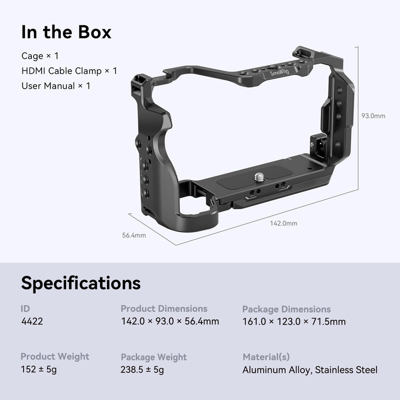 SmallRig Cage Kit for Sony A7C II / A7CR with a Cable Clamp for HDMI, Full Access Vlog Making Camera Video Cage for Sony Alpha 7C II/Alpha 7CR with Hinge Arm, Built-in QR Plate for Arca - 4422