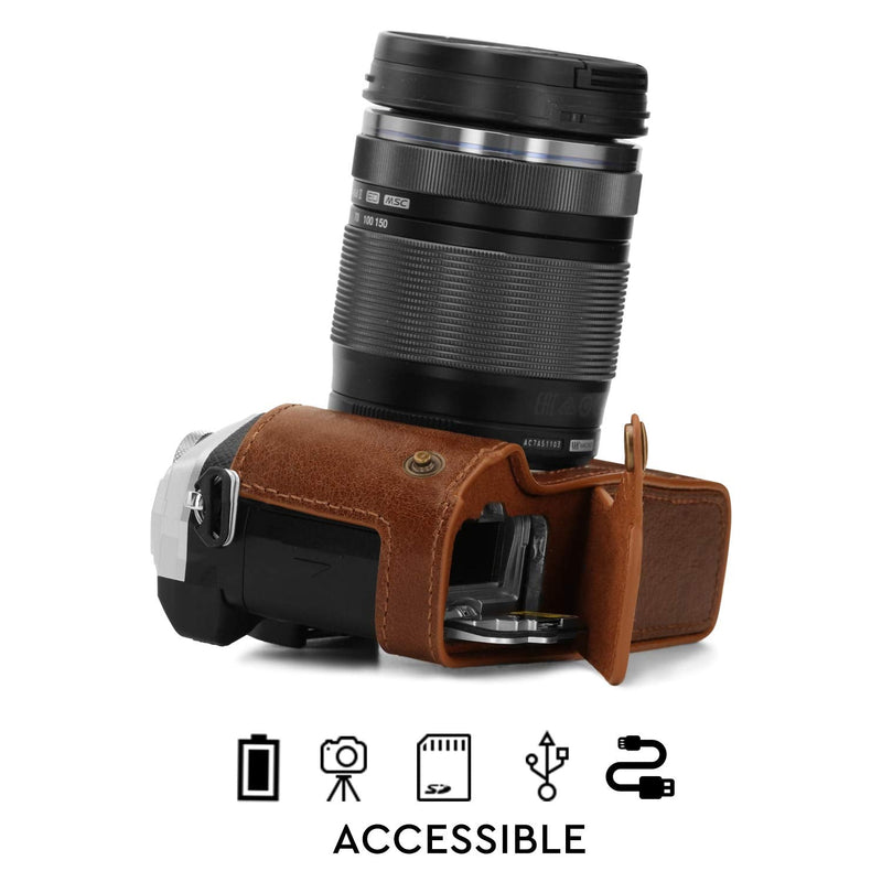 MegaGear MG1865 Ever Ready Genuine Leather Camera Half Case Compatible with Olympus OM-D E-M5 Mark III - Brown