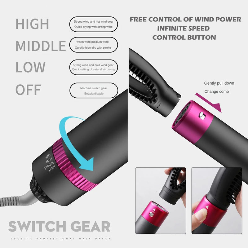 Sadodo 5-in-1 Hot Air Styler Brush for Women, 1200W Blow Hair Dryer Comb | Multifunctional Styling Tool for Home & Travel,For All Hairs Length - Quick Drying, Curling, Straightening, Gift for Woman Black-purple