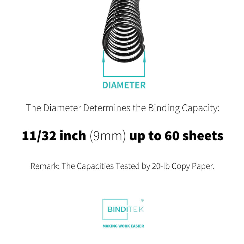 Binditek 100 Pack Plastic Spiral Binding Coils, 9mm (11/32"), 60 Sheet Capacity, 4:1 Pitch, Black, 48Loops, for Letter Size, for Students and Coworkers 9mm (60 Sheet Capacity) 100P , Black