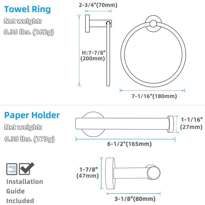 APLusee Matte Black 2 Pieces Bath Accessories Set, Hand Towel Ring and Toilet Paper Holder, Stainless Steel Bathroom Hardware, Wall Mounted Matte Black Round Shape
