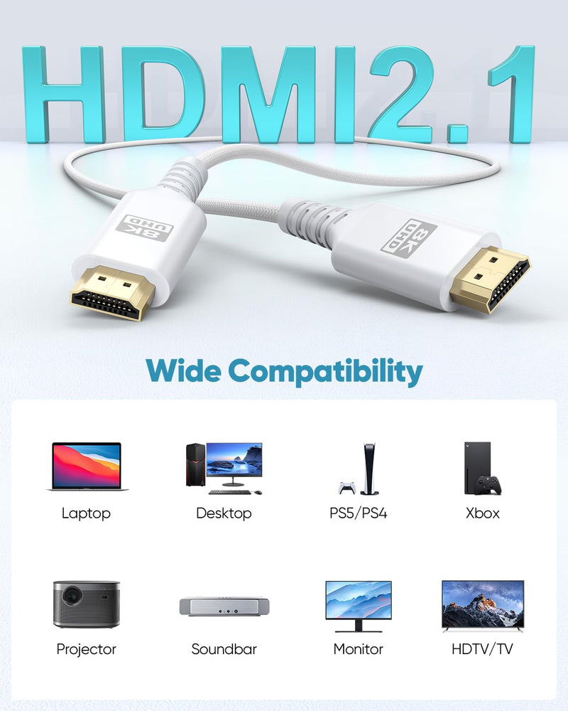 8K White HDMI Cable 20 FT, HDMI 2.1 Cable 20FT Ultra High Speed eARC Braided Long HDMI Cord with 8K@60Hz, 4K@120Hz, HDR10+, Dolby, 3D, HDCP2.3 for Laptop/Monitor/HDTV/Soundbar/Blu-ray/PS5/Xbox 1