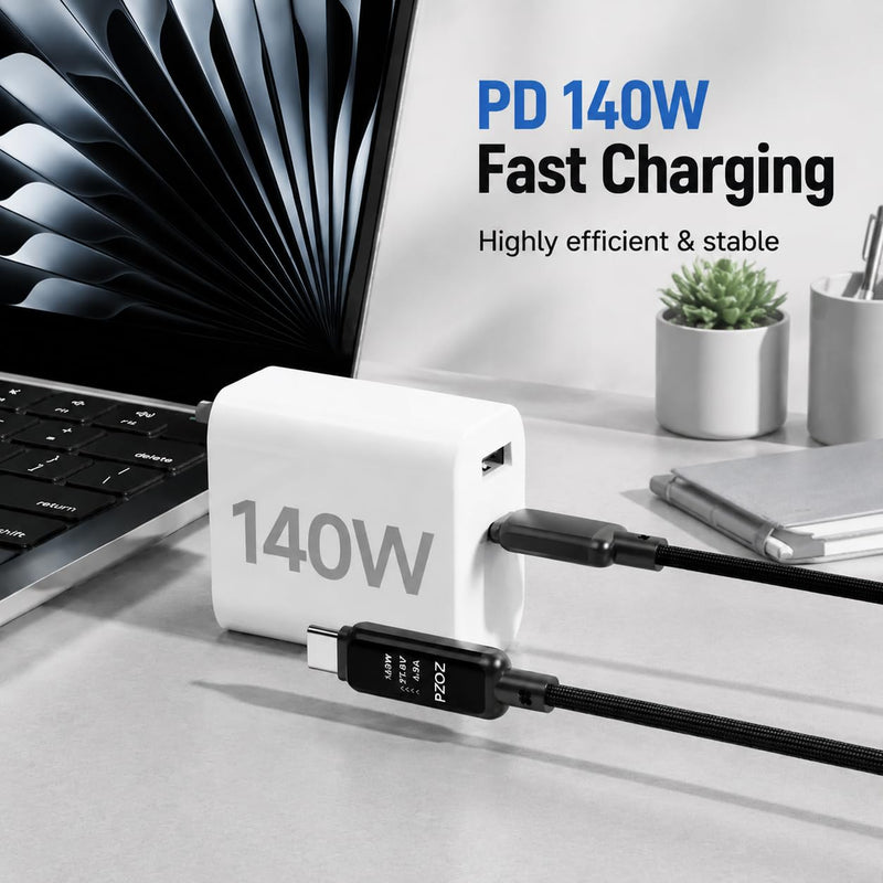 pzoz 2-in-1 USB C Apple Watch Charger Cable, 140W Fast Charging Cord | 140W USB-C fast charging cable with Apple Watch charging and LED display, combining two charging needs in one cable. 4 Feet