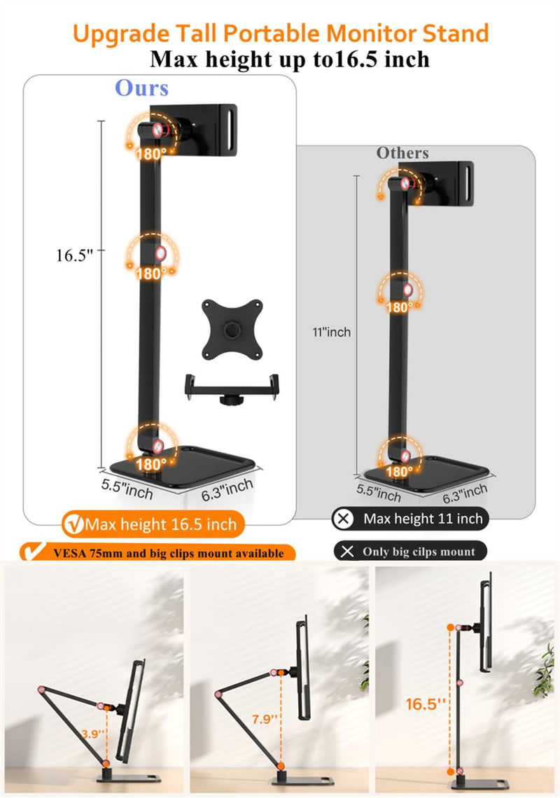 Upgrade Height Portable Monitor Stand for 4-17.3 Inch Screen, Tablet Stand Holder for iPad,Kindle, VESA Mount Monitor Stands, Universal Expandable Display Base Height Adjustable Up to 16.5''