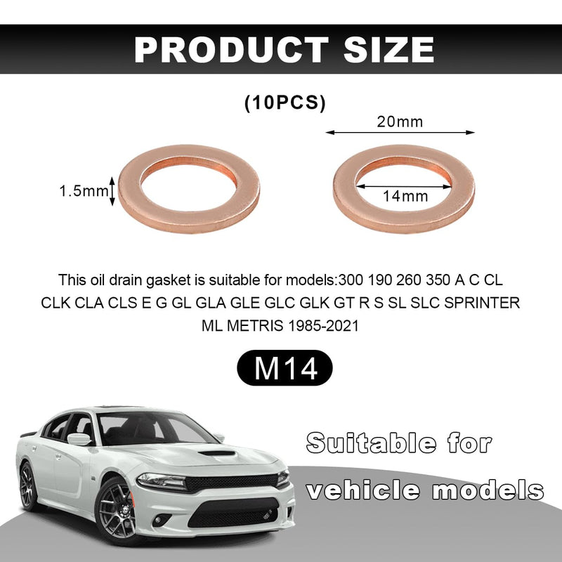 10 PCS Oil Drain Plug Gasket, 14mm Cooper Crush Washer Oil Sealing Gaskets, Automotive Replacement Drain Plug Gaskets Compatible with OEM PN Part 007603-014106, Car Accessories 10 PCS