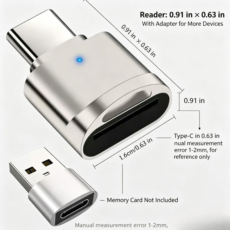 1 Pack USB C MicroSD Card Reader, USB A OTG Camera to Phone Adapter, Silver | Compact 0.91 in Body, Status Light, Reversible Plug, Removable Converter, Direct Insert Format for Compatible Mobile Devices