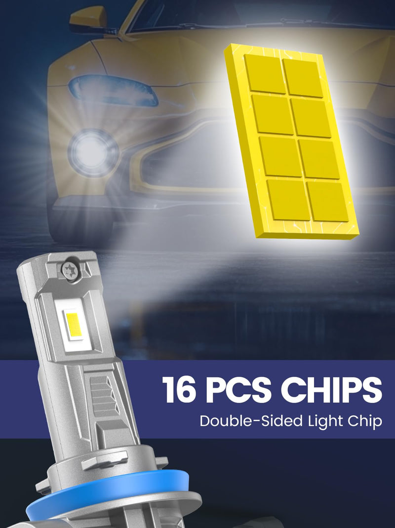 9005+H11 Light Bulbs Combo, 60000LM 800% Super Bright 6500K Cool White, Fanless 1:1 Mini Size, Pack of 4 9005+H11