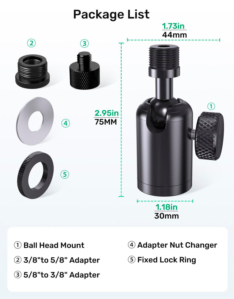 Ball and Socket Head Microphone Adapter with 360° Swivel Angle Adjustment | up to 2kg(4.4 lbs) / All-metal construction / Supports Shure SM7B and other heavy mics