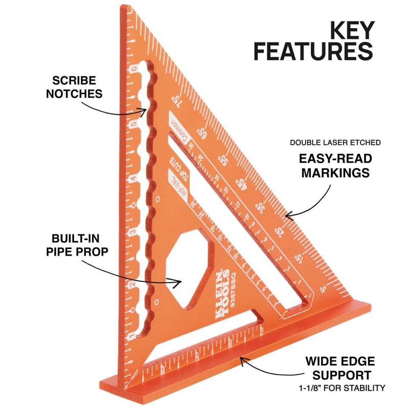 Klein Tools 935SQVP 7-Inch Rafter and 16 x 24-Inch L-Shaped Framing Square Set, Double Laser Etched Aluminum, Multi-Functional Carpenter Layout Tool for Woodworking Rafter and Framing Square Set