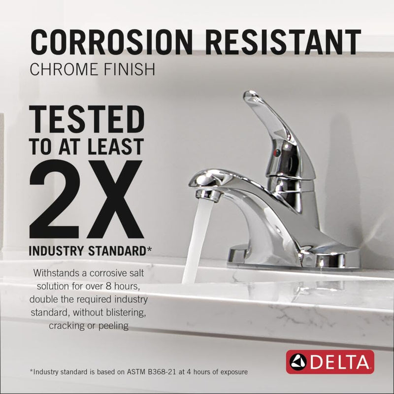 Delta Foundations Centerset Chrome Bathroom Faucet, 4 Inch 3 Hole Bathroom Sink Faucet for Vanity, Metal Push-Pop Drain Assembly, Chrome B501LF 4.25 x 6.13 x 4.25 inches