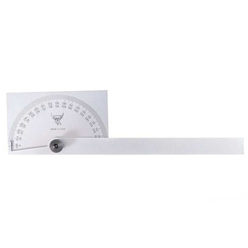 PEC Tools Stainless Steel Angle Protractor with Double Graduation - Ideal for Drawing Radial Lines, Setting Bevels, Transfer Angles, 6" Blade Length, 0-180 Range, Rectangular Head, Made in USA 5170SS
