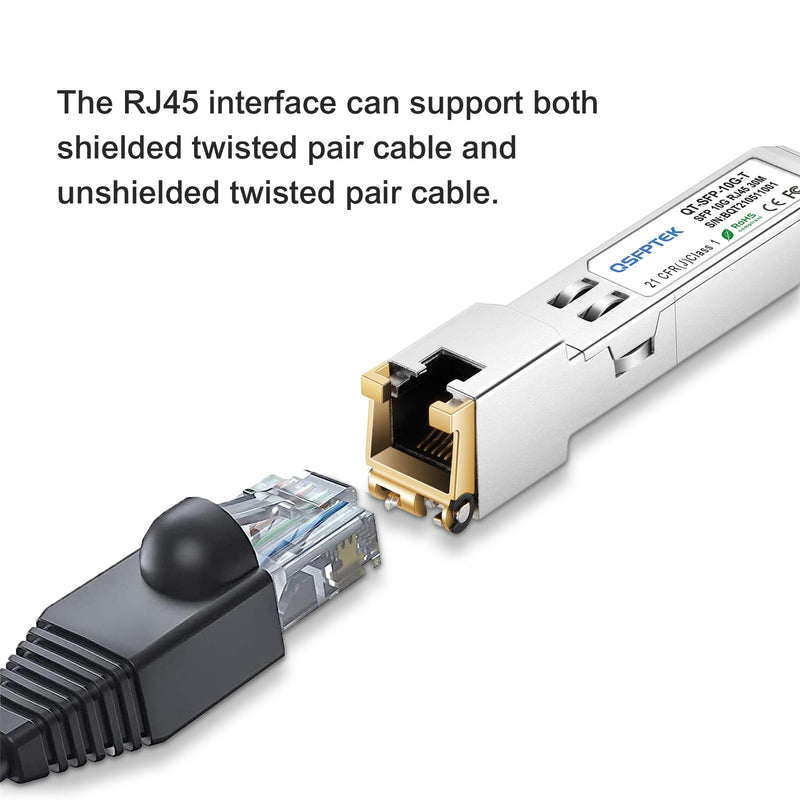 QSFPTEK 10GBase-T SFP+ to RJ45, 10G Copper Module, 10Gbe T Mini Gbic 10 Gigabit Ethernet Adapter SFP Transceiver for Arista SFP-10GE-T, Mikrotik, Ubiquiti & Open Switches & Routers, up to 100ft/30M 10GBase-T: 30m