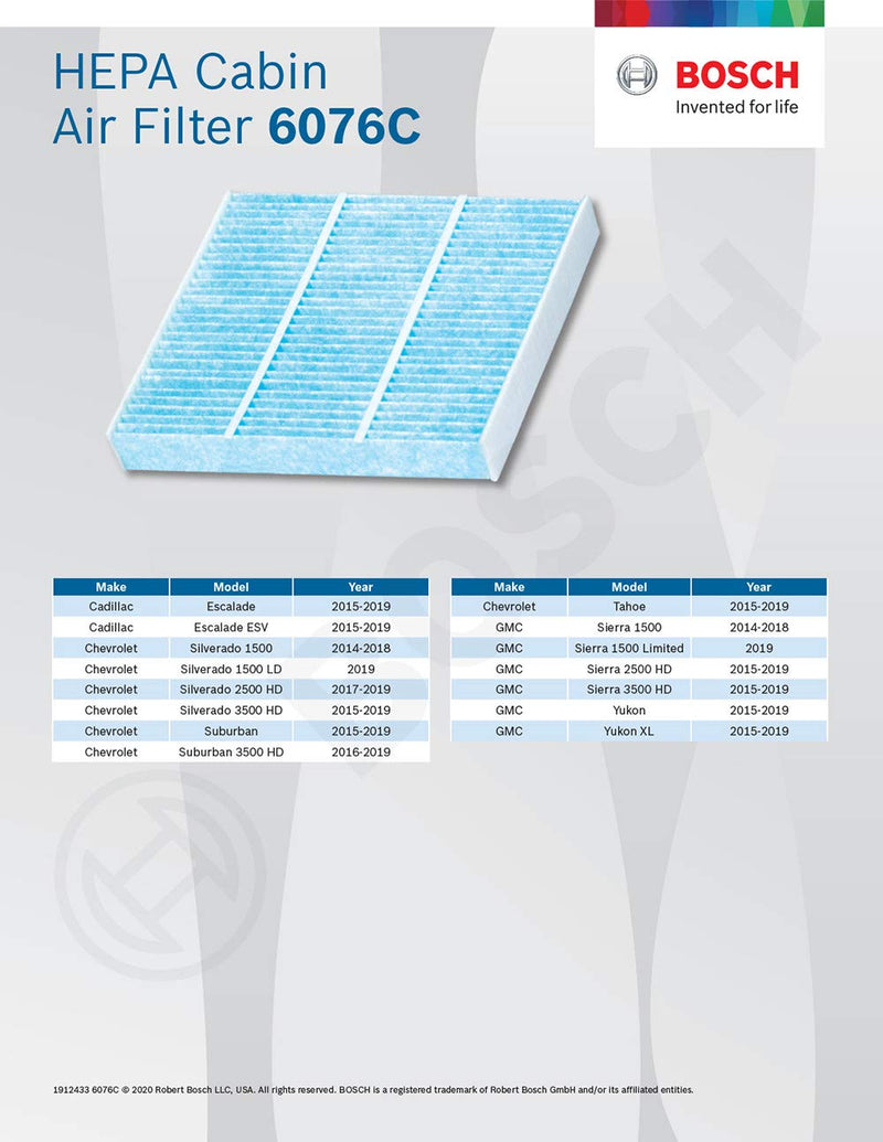  [AUSTRALIA] - BOSCH 6076C HEPA Cabin Air Filter - Compatible with Select Cadillac Escalade; Chevrolet Silverado, Suburban, Tahoe; GMC Sierra, Yukon, Yukon XL