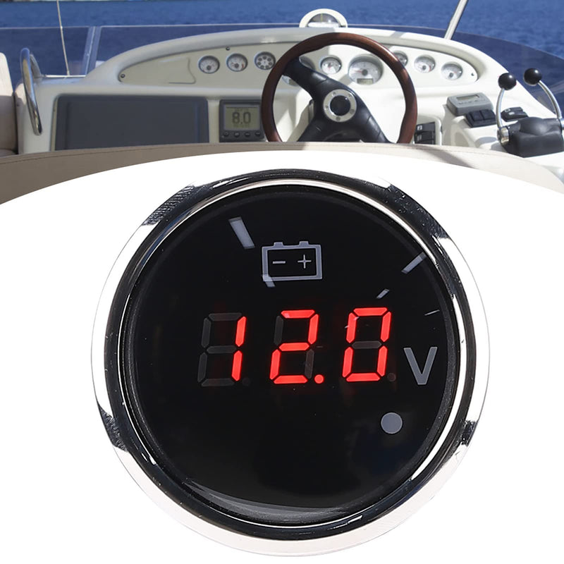 Marine LED Voltmeter, 2in 316 Stainless Steel Battery Voltage Gauge LED Digital Display IP67 Smart Alarm Universal for Car Boat Auto, Red Alarm Light Flashes (Black) Black