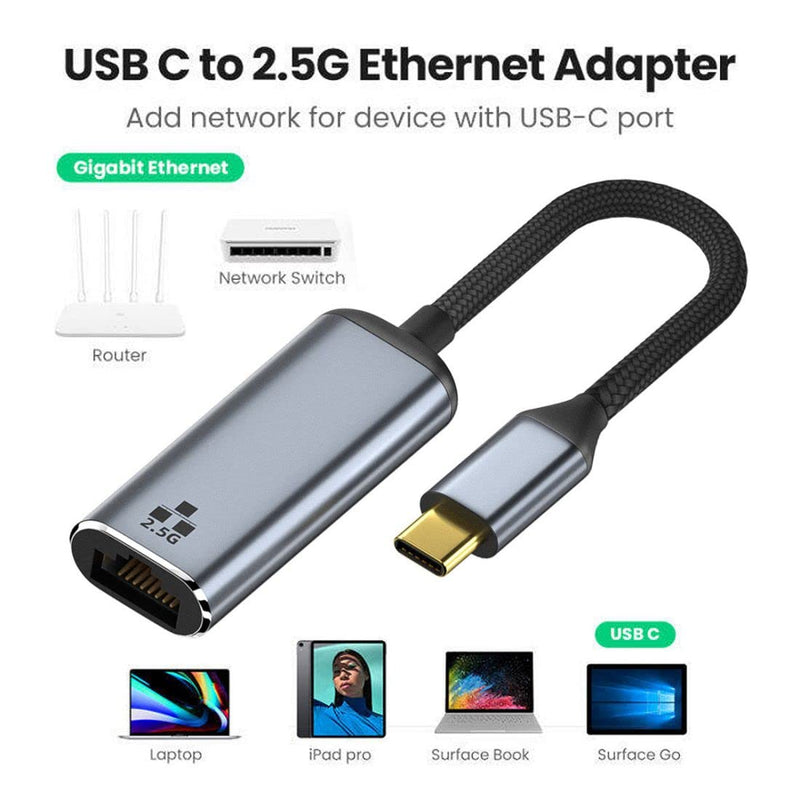 CY USB C to 2.5Gbps Ethernet Adapter,USB 3.1 Type C to RJ45 2500Mbps GBE Gigabit Ethernet Network LAN Cable Adapter for Laptop 2.5Gbps Grey