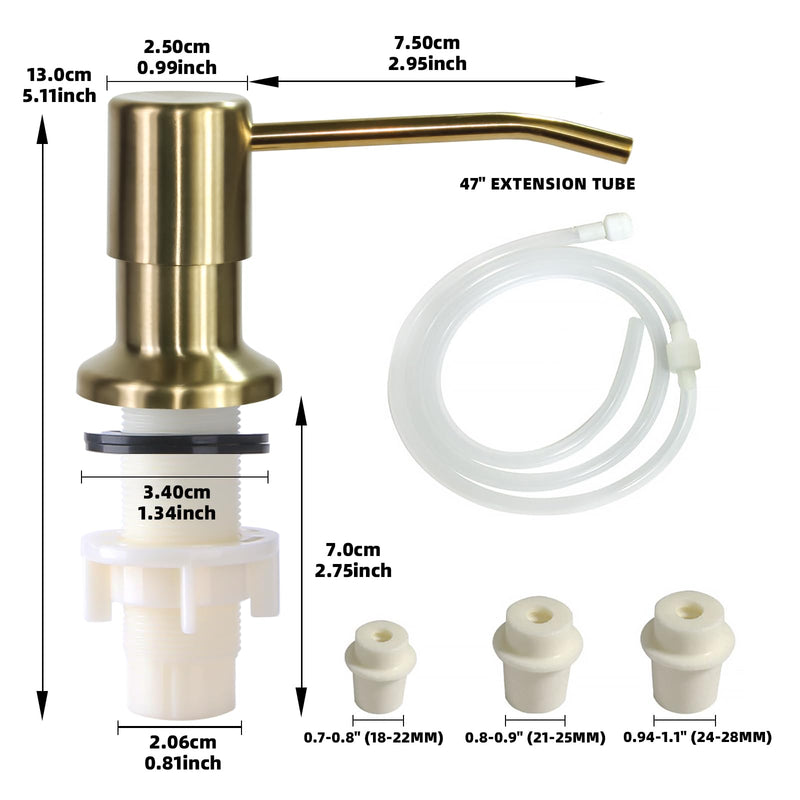 Soap Dispenser for Kitchen Sink, Built in Sink Soap Dispenser, Countertop Soap Dispenser Pump with 47" Extension Tube kit, No Need to Fill Little Bottle Again, Golden