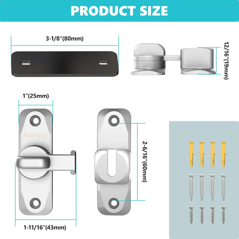 Sliding Barn Door Lock & 90/180 Degree Latch Hardware, Zinc Alloy Small Flip Door Lock for Closet, Bathroom, Cabinet, Garden, Shed (Silver-2 Pack) Silver-2 Pack
