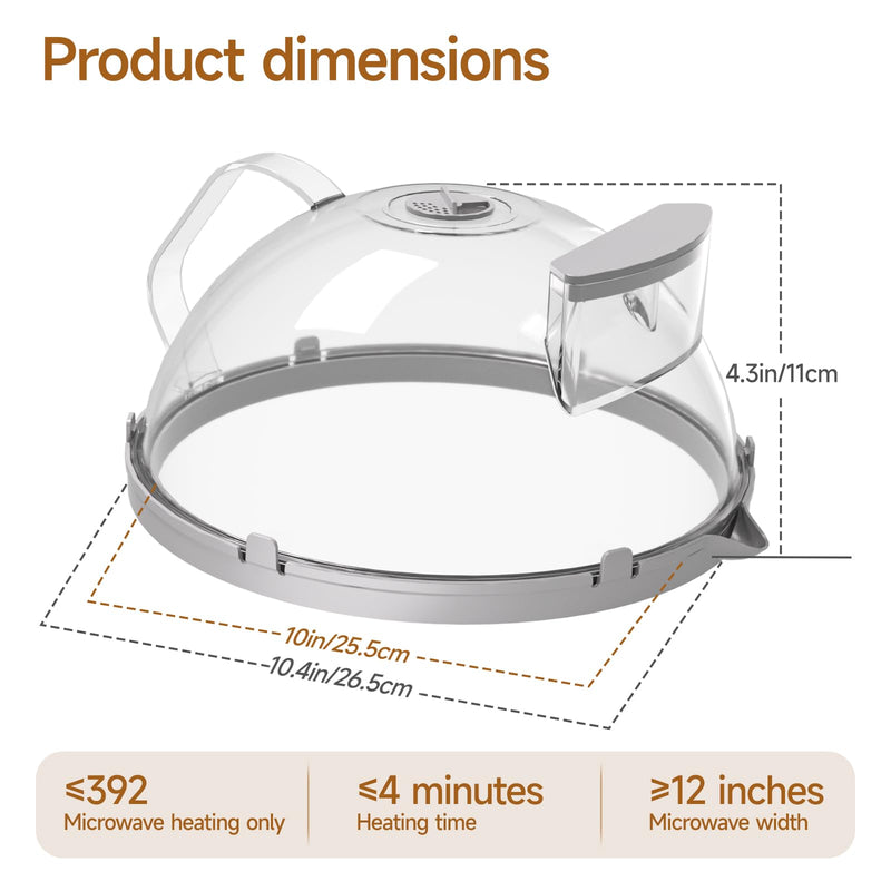 12" Microwave Splatter Cover with Water Steamer, Microwave Cover for Food, Dome Splatter Guard with Hanging Hole, Easy Clean & Space Saving Hanging Design Grey 12 Inch