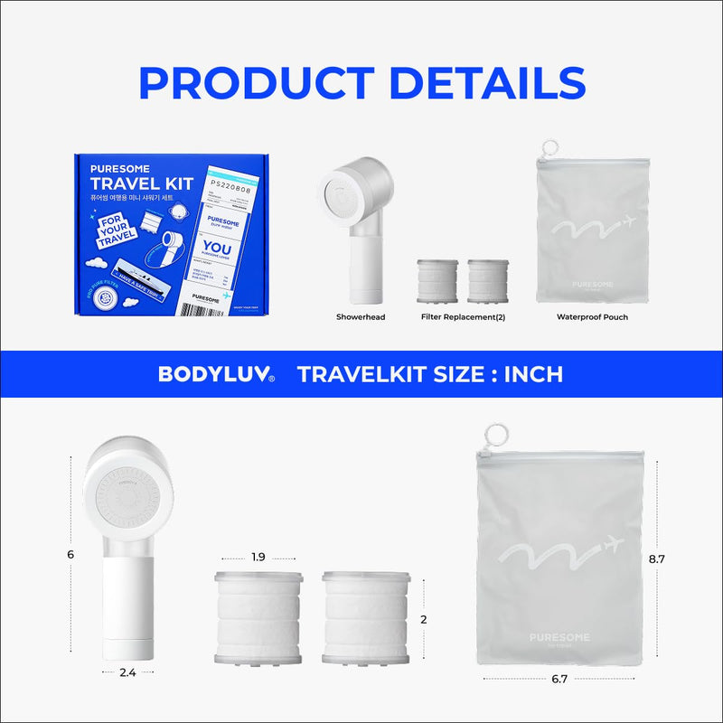 BODYLUV Puresome Travel Mini Shower Head Set with Pure Filter | Compact Portable Shower Kit with High-Pressure Spray, Chlorine & Calcium Reduction | Includes 2 Replacement Filters and Waterproof Pouch