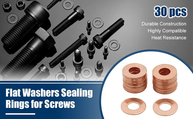 M8 Copper Flat Washers 30PCS, 8mm ID 18mm OD 1mm Thick Metric Copper Sealing Rings for Bolts Nuts Hydraulic Fuel Fittings