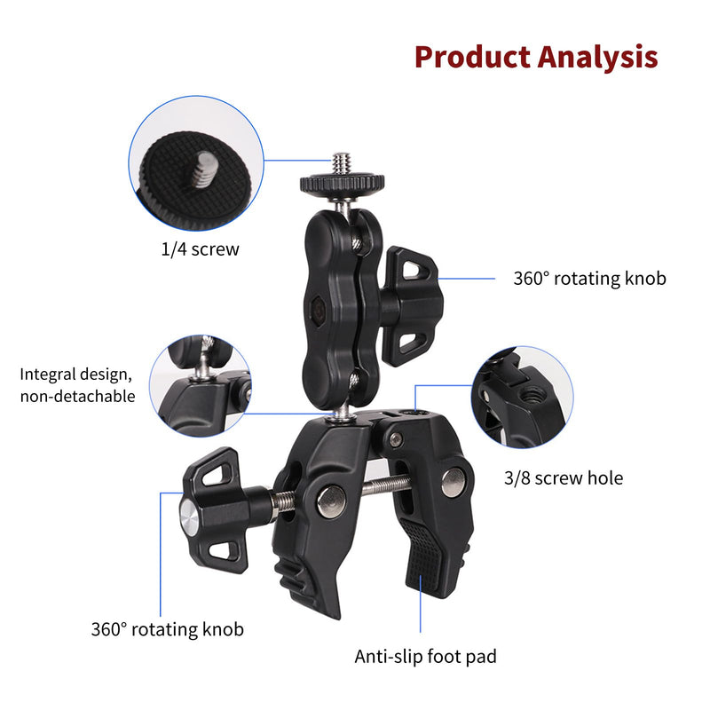 Camera Clamp Mount, Magic Arm with Double Ball Head Adapter and Clamp, with 1/4"-20 Screw and 3/8"-16 Screw Hole, for Gopro/Insta360 /Camera Monitor/LED Lights/DSLR RW9C ECO Series