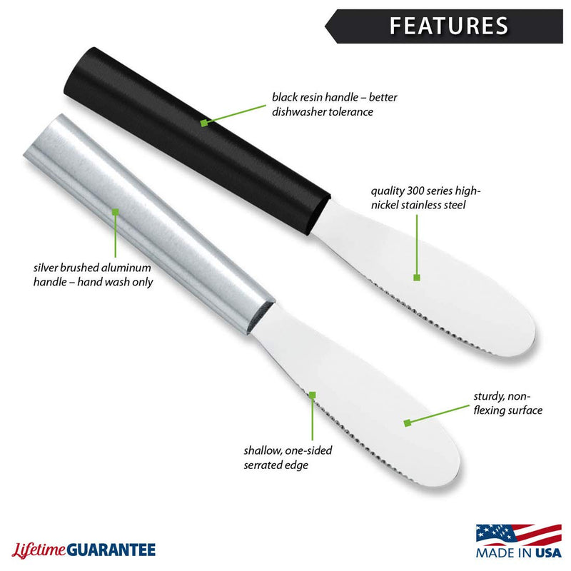 Rada Cutlery Party Spreader Knife (W235), 3.38" Stainless Steel Shallow Serrated Edge Blade, Made in USA, Black Handle, Pack of 2