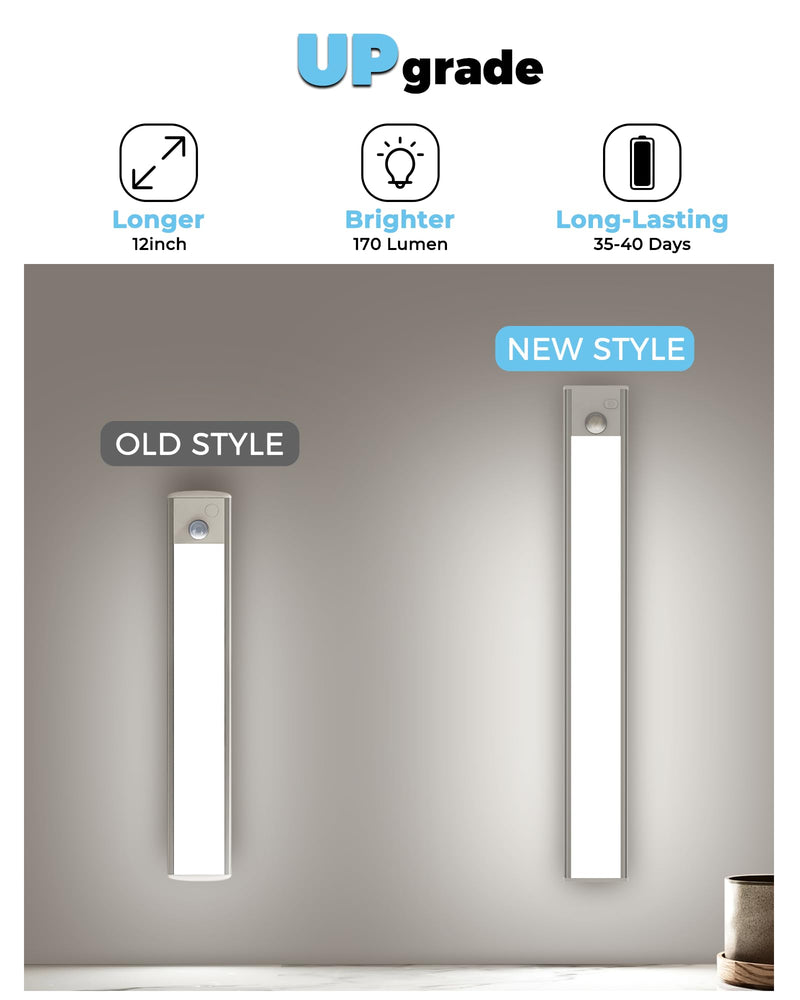 ASOKO Under Cabinet Lights Motion Sensor Light Indoor 2500mAh Rechargeable LED Closet Lights Battery Operated Under Counter Lights for Kitchen Cabinet Lighting Wireless(White,3Pack-12inch) Silver-White Light 3 Pack-12inch