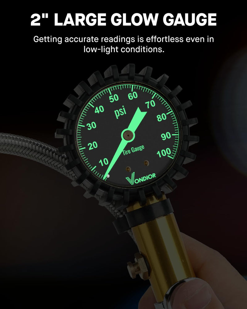Vondior Tire Inflator with Pressure Gauge(0-100 PSI) - ANSI B40.1 Accurate, Large 2" Glow Dial, Premium Braided Hose, Durable Rubber Hose, Perfect for Any Car, Truck, Motorcycle, RV Analog 0-100 PSI