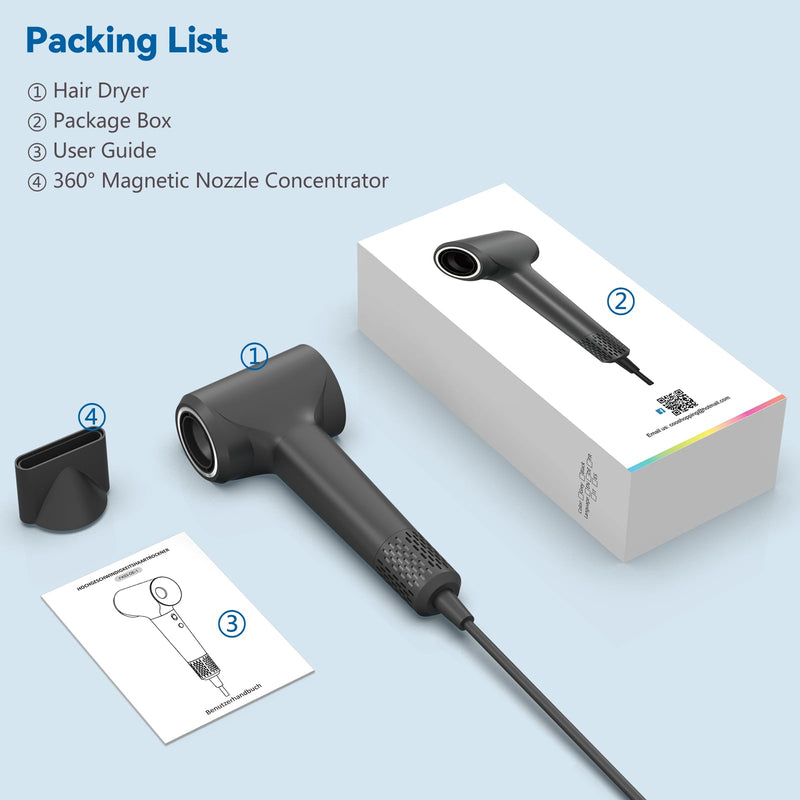 TQQ Hair Dryer, 200 Million Negative Ionic Hairdryer, 110, 000 RPM High Speed Brushless Motor Blow Dryer for 2min Fast Drying, 57dB Low Noise Travel Hairdryers for Women and Men Dark Gray