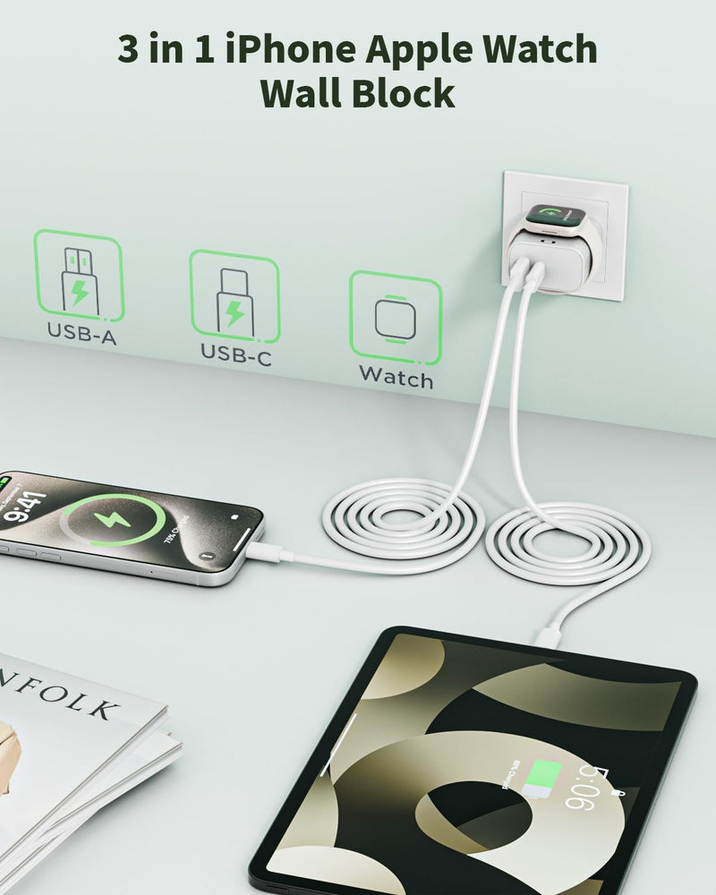 Charging Block for Apple Watch Charger,3 in 1 23W USB C Charging Block Build in Wireless iWatch Charger with 6FT USBC Cable Travel Wall Adapter Compatible with iWatch 11/Ultra/SE/10,iPhone 17/16,iPad