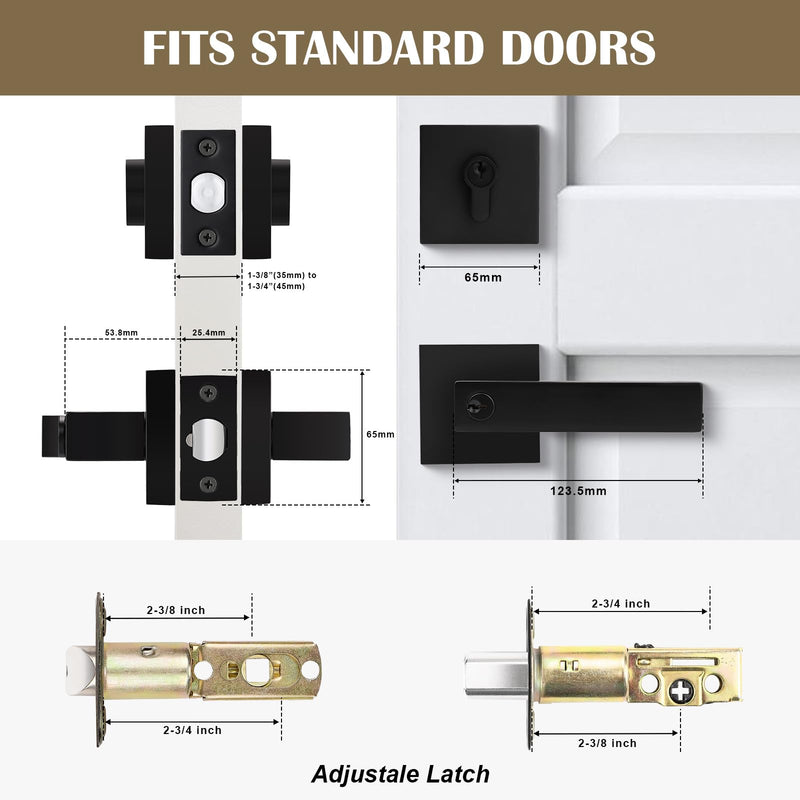 1 Pack Flat Black Square Entry Levers Locksets and Double Cylinder Deadbolts Combination Set, Heavy Duty Front Door Office Entrance Levers, Keyed Alike(All Same Keys) 1 Pack Modern Light Black