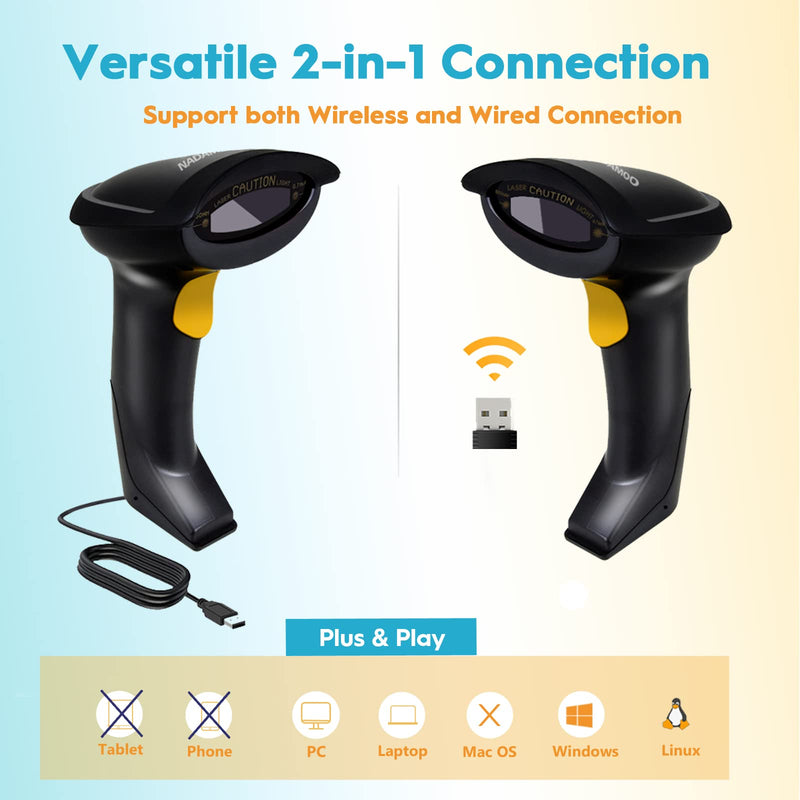 NADAMOO Wireless Barcode Scanner with Stand 2-in-1 2.4G Wireless & Wired USB Bar Code Scanner Handheld Laser Bar Code Reader Automatic Hand Scanner for Computer POS Warehouse Inventory Library Yellow