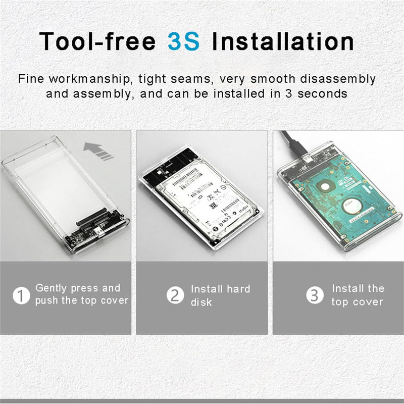 Transparent 2.5-inch Hard Drive Enclosure, USB 3.0/USB 3.1 to SATA III External Hard Drive case Adapter, SSD and HDD 9.5mm/7mm, Compatible with PS4, Xbox, PC, TV, and Laptop, Tool-Free Installation USB 3.1 Silver Adapter