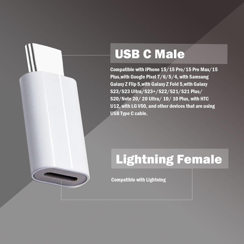 for Lightning Female to USB C Male Adapter, for Lighting to USB C Adapter Charging for iPhone 15/15 Pro/15 Pro Max/15 Plus,iPad Air, Samsung, Support Data Transfer and Charging(2Pack) White