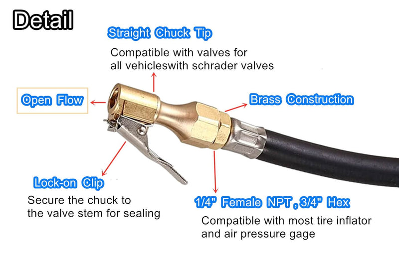 Heavy Duty Brass Air Chuck with Clip Adapter, Open Flow Straight Tire Chuck Air Nozzle, 1/4" FNPT Tyre Chuck for Tire Inflator Pressure Gauge Air Pump Compressor Accessories (Brass, 2 Pack) B-2Pack