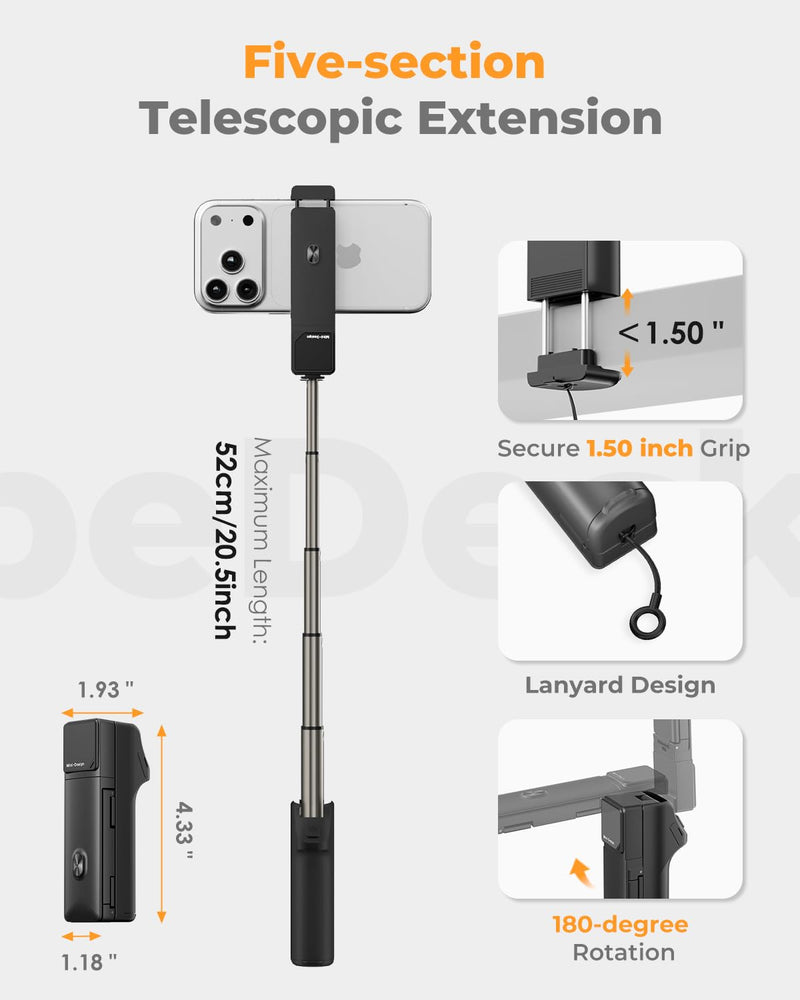 Selfie Stick Phone Tripod with Desk Clamp, Extendable Selfie Stick for iPhone & Android, Pocket-Size Travel Phone Stand with Remote, Aluminum Alloy Stick for Travel, Video Recording & Live Streaming black