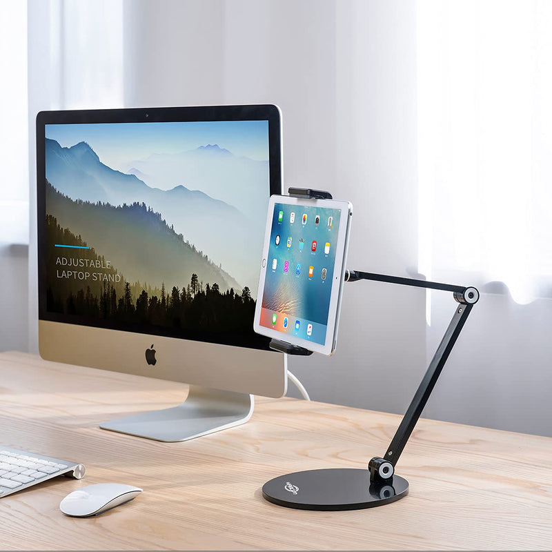 KABCON Tablet Stand,Tightness Adjustable 360°Rotatable Multi-Angle Eye-Level Aluminum Solid Long Arm Tablets Stands for iPad Series,Microsoft Surface Tablet Series,Samsung Galaxy Tabs,Kindle Fire,etc Black
