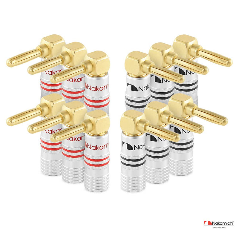 Nakamichi Excel Series 24k Gold Plated Right Angle Banana Plug 12-18 AWG Gauge Size 4mm for Speakers Amplifier Hi-Fi AV Stereo Home Theatre Audio Wire Cable Screw Connector, 4 Pcs (2-Pairs) 4 Pcs (2-Pairs)