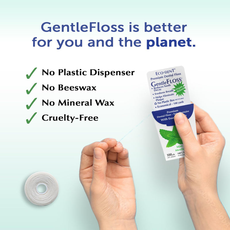 Eco-Dent GentleFloss Dental Floss, Waxed, Mint - Floss with Vegan Plant-Based Wax, Recyclable Cardboard Packaging, 100 Yds Ea (Pack of 6) 300 Foot (Pack of 6)