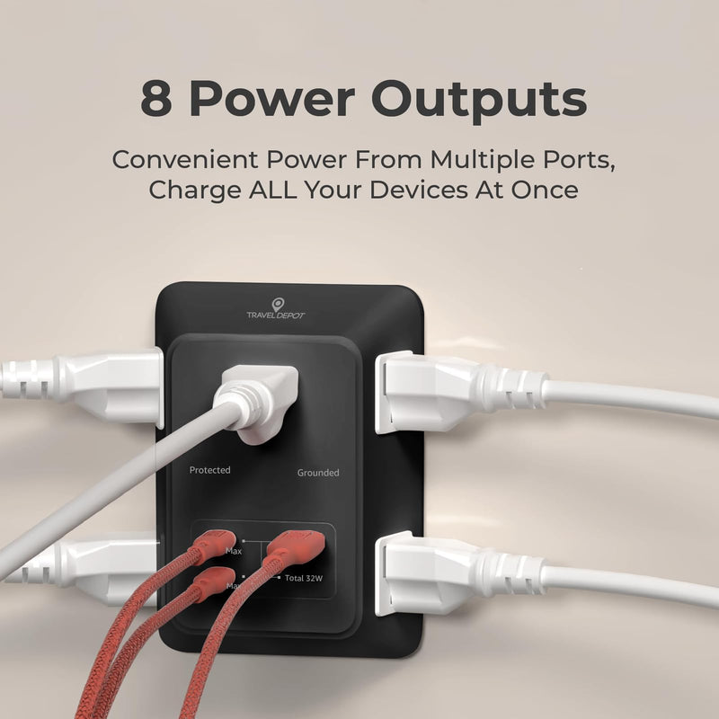 Travel Depot PD USB Wall Charger Surge Protector, 5 Outlet, (Black) | Extender 2 USB C & 1 USBA Charging Ports, Fast Charge 3 Sided Power Strip Multi Plug Outlets Wall Adapter for Home Office Black