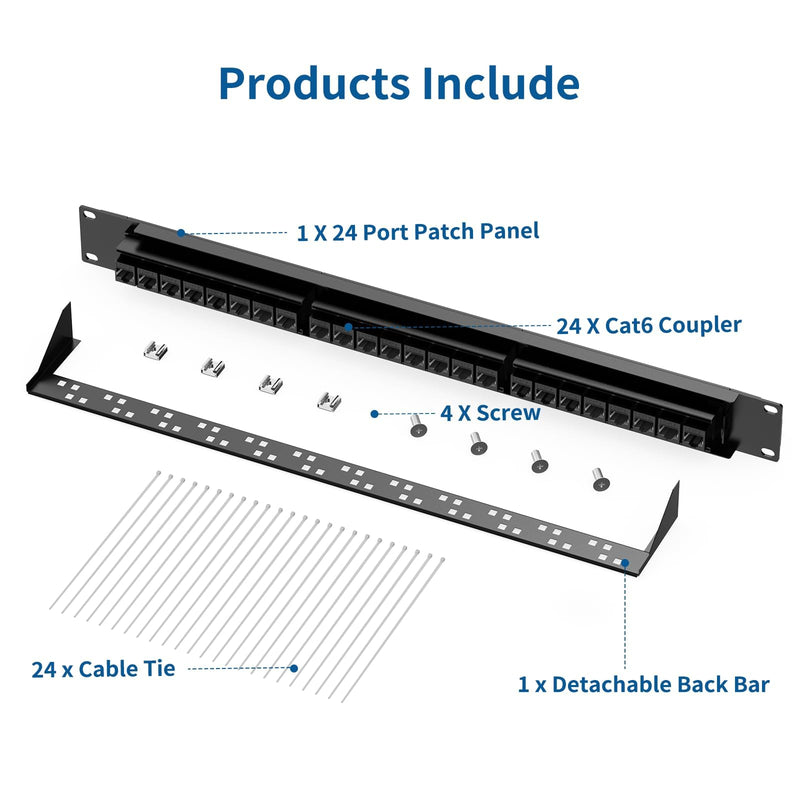 CableGeeker Cat6 Patch Panel 24 Port with Inline Keystone, 10G Ethernet Support, 1U Network Patch Panel UTP 19-Inch with Removable Back Bar, Compatible with Cat6, Cat5e, Cat5 Rackmount Cabling
