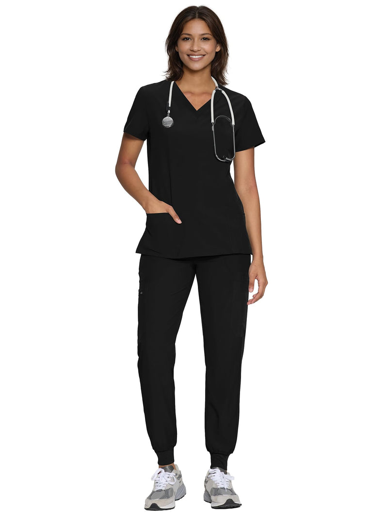 floralhue Scrubs for Women, Women's Medical Scrub Sets, V-Neck Scrubs Top & Cargo Pants with 12 Pockets Small Black