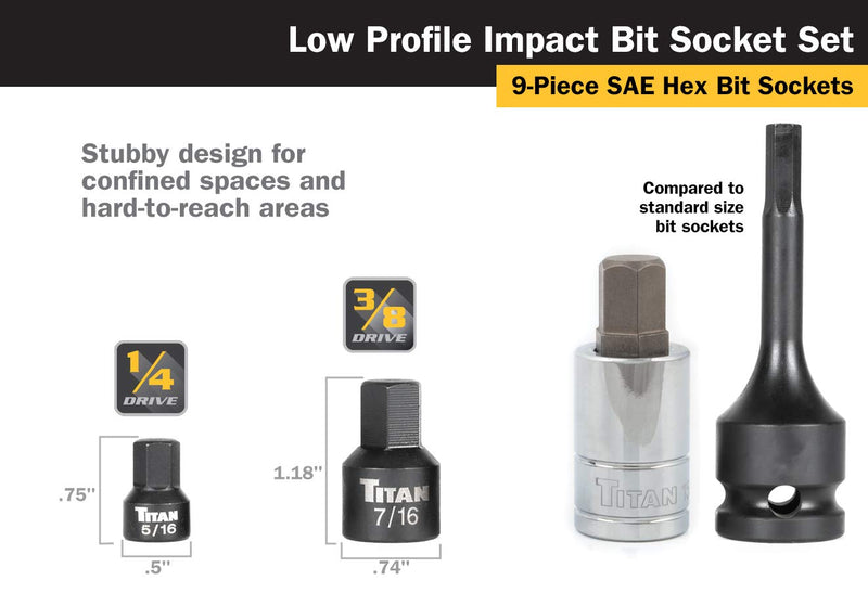 Titan 16140 9-Piece Low Profile Impact SAE Hex Bit Socket Set Stubby SAE Impact