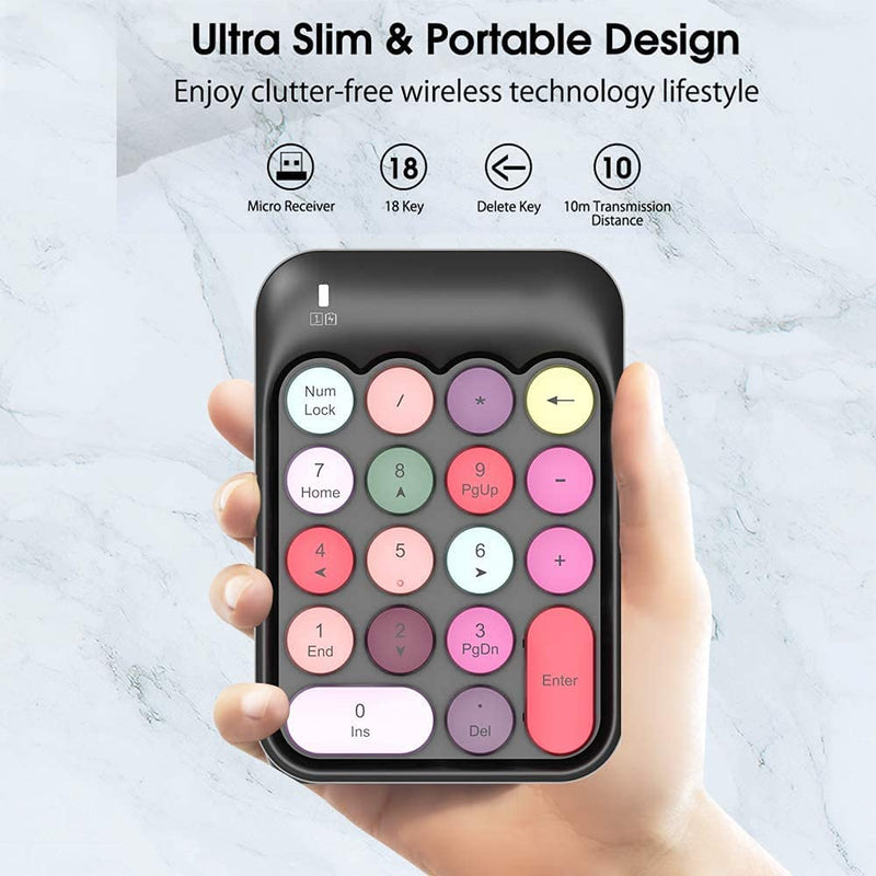 FELICON Wireless Numeric Keypad 18 Keys with 2.4G Mini Portable Silent Number Pad USB Receiver Financial Accounting Keyboard Extensions for Laptop Desktop PC Pro（Black Mix） Black Mix