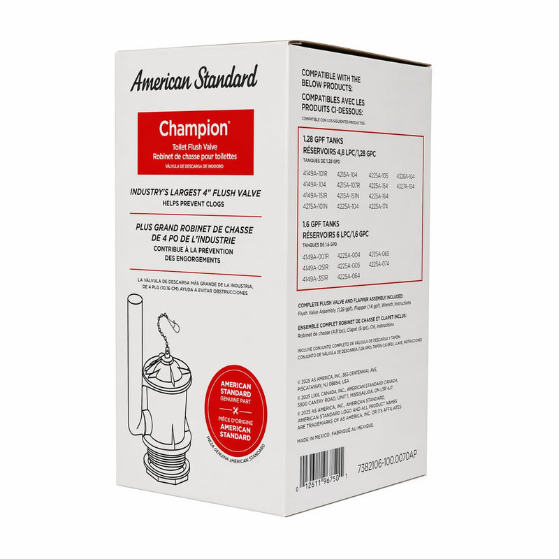 American Standard 4" Champion Universal Flush Valve Kit – Genuine OEM Part – Fits All 2-Piece Champion Toilets – Includes Wrench, Lock Nut & Extra Flapper (Model 7382106-100.0070AP)