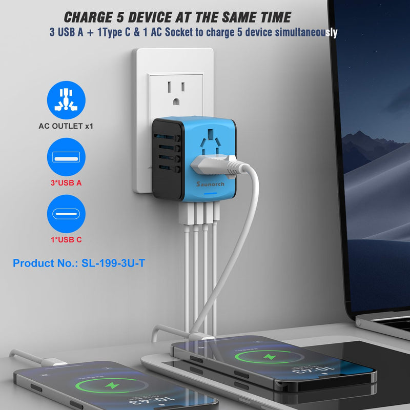 Travel Adapter Worldwide, Universal International Power Plug Adapter W/2.4A 3xUSB-A and 3.0A Type-C Wall Charger, European Travel Plug Adapter for Europe UK EU US CA AU Italy Asia-Blue 3A+1C ( Blue )