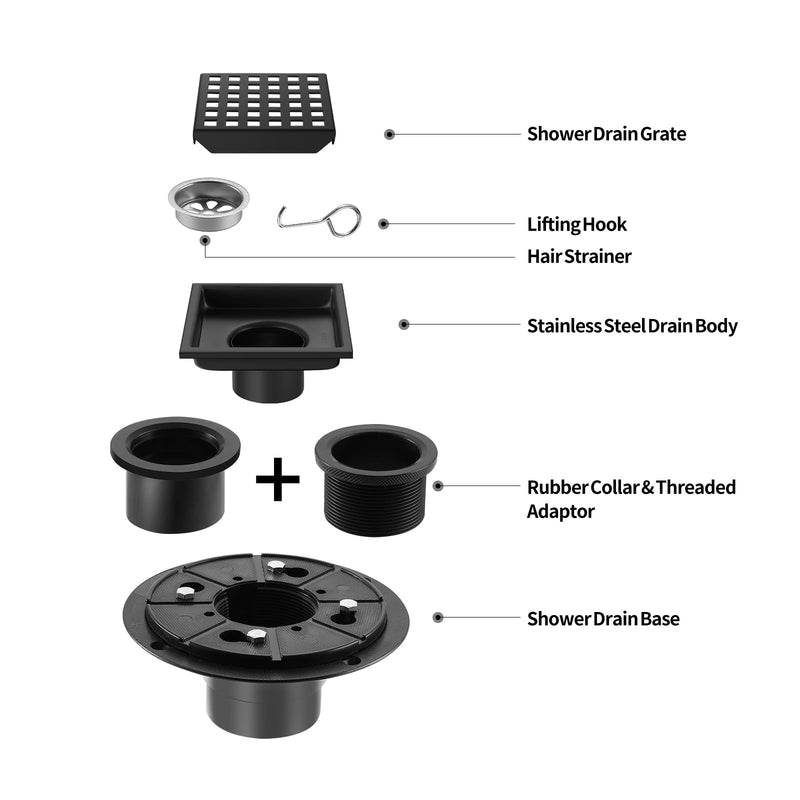 Shower Drain, Matte Black 4 inch Square Shower Floor Drain with Flange, Removeable Grid Panel SUS 304 Stainless Steel Square Shower Drain