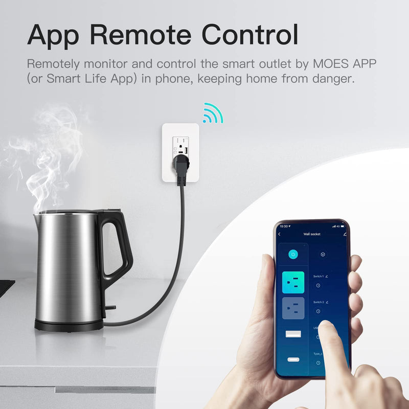 MOES Smart USB Wall Outlet Receptacle with Type-C & Type-A Charger, 2.4GHz Wi-Fi in-Wall Plug Socket, Remote Individual Control On/Off 15Amp, No Hub Required USB & Type-C Outlet 1 Pack