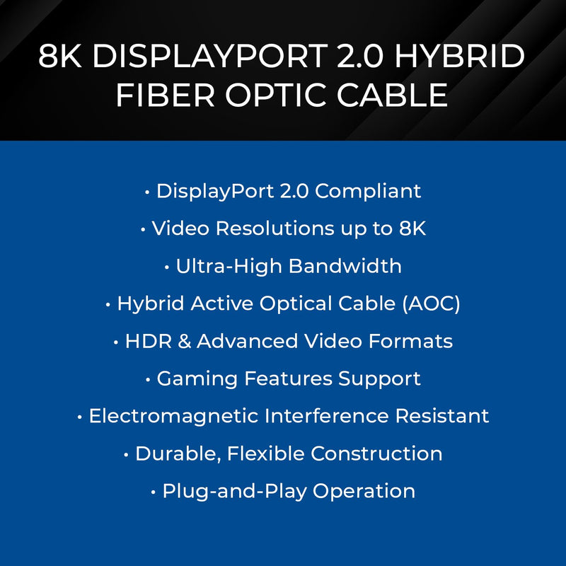 OREI 8K DisplayPort 2.0 AOC Cable 15ft – 54Gbps, 8K@120Hz, 4K@240Hz, VRR